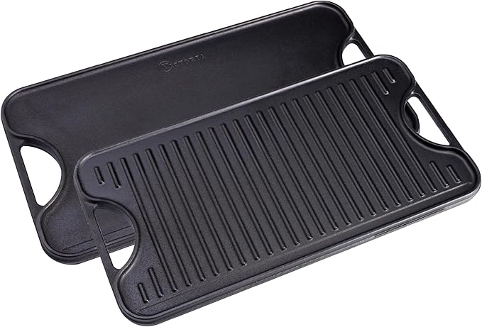 Victoria Rectangular Cast Iron Griddle. Double Burner Griddle, Reversible Griddle Grill, 18.5 x 10 Inch, Seasoned with 100% Kosher Certified Non-GMO Flaxseed Oil