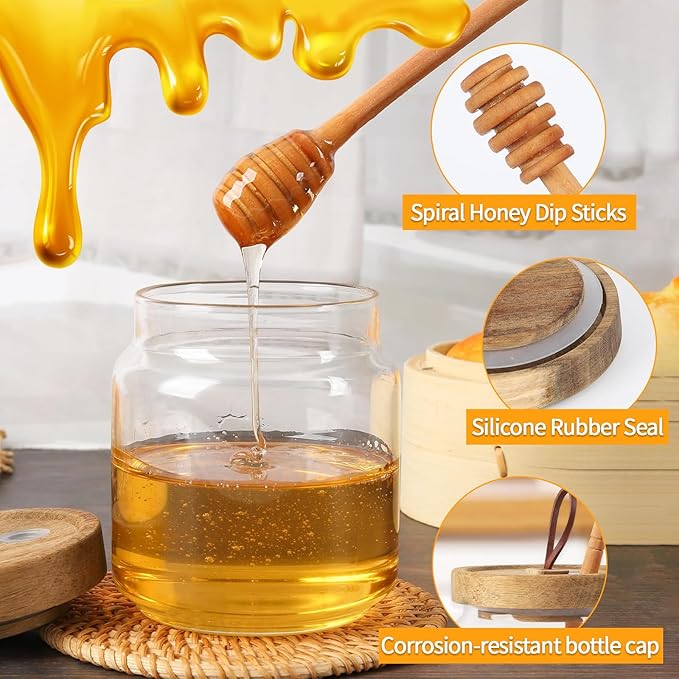 No Drip 18oz Glass Honey Jars with Wooden Dipper & Airtight Lid, Leakproof Kitchen Storage for Raw Honey Pot with Stick