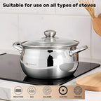 Daniks Classic 4 Quart Stainless Steel Stock Pot with Glass Lid, Tri-Ply Bottom for Even Heating, Induction Compatible, Dishwasher Safe