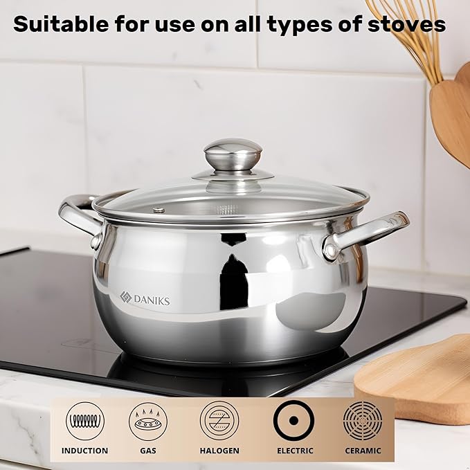 Daniks Classic 4 Quart Stainless Steel Stock Pot with Glass Lid, Tri-Ply Bottom for Even Heating, Induction Compatible, Dishwasher Safe