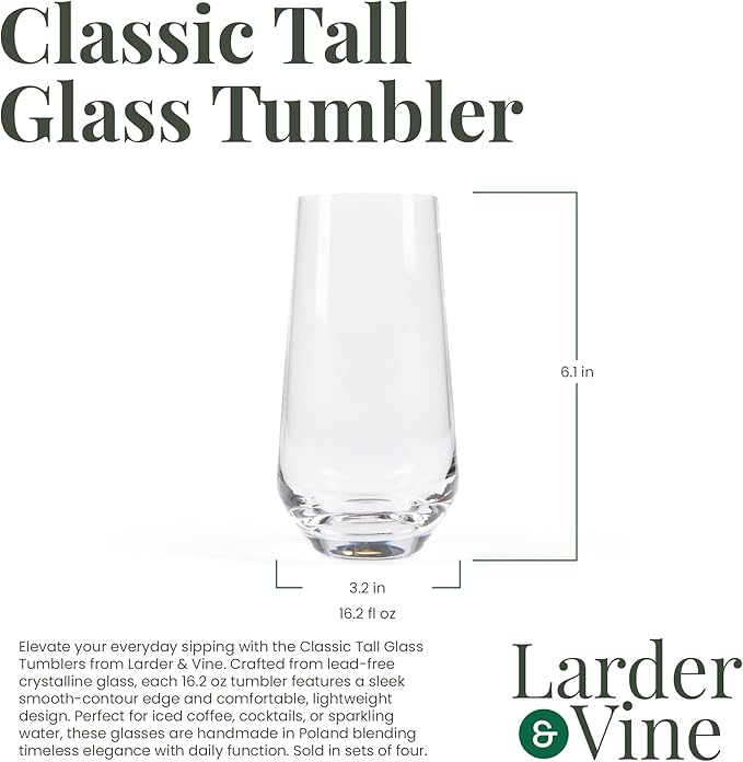 Larder & Vine Classic Tall Glass Tumbler (4-Piece Set)
