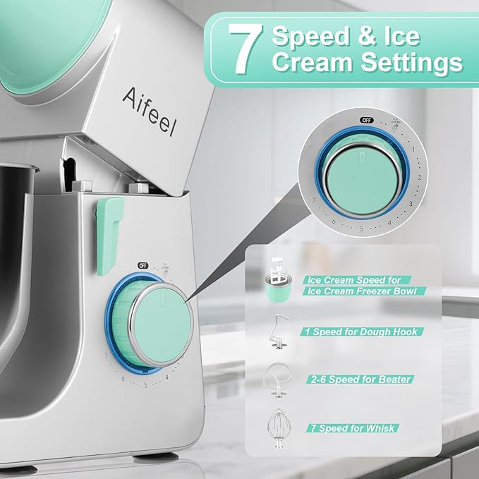 Aifeel Stand Mixer, 6.5QT Mixer with 2QT Ice Cream Maker Bowl, Kitchen Electric Mixer Multifunctional Bread Dough Mixer with Dough Hook,Whisk & Beater, Food Mixer for Baking (Green-Silver)