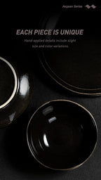 Famiware Aegean Stoneware Dinnerware Set for 8, Plates and Bowls Sets, 24 Pieces Scratch Resistant Dinner Set, Handmade Irregular Round Dishes - Microwave and Dishwasher Safe, Black Coffee