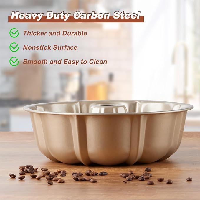 Homikit Fluted Cake Pan 10 Cups, 10 Inch Heavy Duty Carbon Steel Tube Round Pans for Baking Meatloaf Jello Angel Food Cake Monkey Bread and More, Nonstick & Easy Release, Gold
