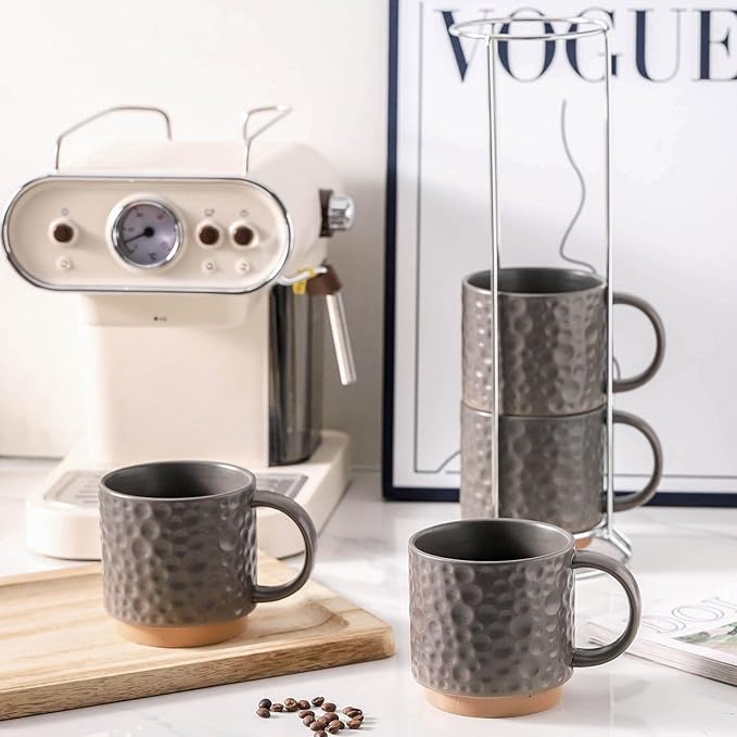 Nihow Ceramic Coffee Mug Set of 4, 16OZ Stackable Coffee Mug Set with Stainless Stand,Large Cup Set for Cappuccino,Tea,Hot/Cold Drinks,Dishwasher & Microwave Safe,Matte Gray