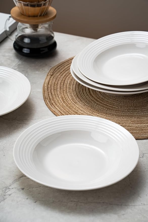 8.7-inch Wide Rim Ceramic Soup Bowl - Lead-Free White Pasta Bowls for Spaghetti, Salad, Stew, Rice Microwave & Dishwasher Safe - Scratch-Resistant & Heatproof Design Set of 2