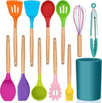 Kitchen Utensils Set of 12, E-far Silicone Cooking Utensils with Holder, Non-stick Cookware Friendly & Heat Resistant, Includes Spatula Tong Whisk Ladle Brush Slotted Turner Spoon(Multi-colored)