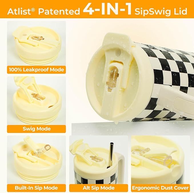 ProTour 100% Leakproof 40 oz Tumbler with Handle & 4-in-1 SipSwig Lid | Built-In Flip Straw & External Stainless Steel Straw | Insulated Stainless Steel Cup | BPA-Free | Black & White Checkered