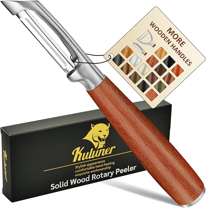 KU LUNER Premium 304 Stainless Steel Multifunctional Kitchen Fruit and Vegetable Peeler with Real Wood Handle，Ultra Sharp Strong Blade