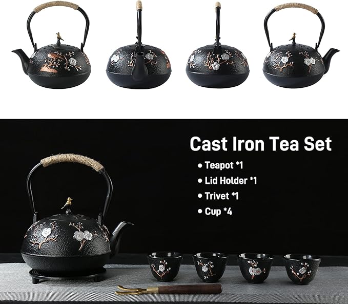 Tea Set Tea Kettle Japanese Style Beautiful Black Cast Iron Teapot Set with 4 Cups,1 Trivet and 1 Lid Holder,40.6oz Teapot with Infuser for Stove Top Safe