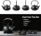 Tea Set Tea Kettle Japanese Style Beautiful Black Cast Iron Teapot Set with 4 Cups,1 Trivet and 1 Lid Holder,40.6oz Teapot with Infuser for Stove Top Safe