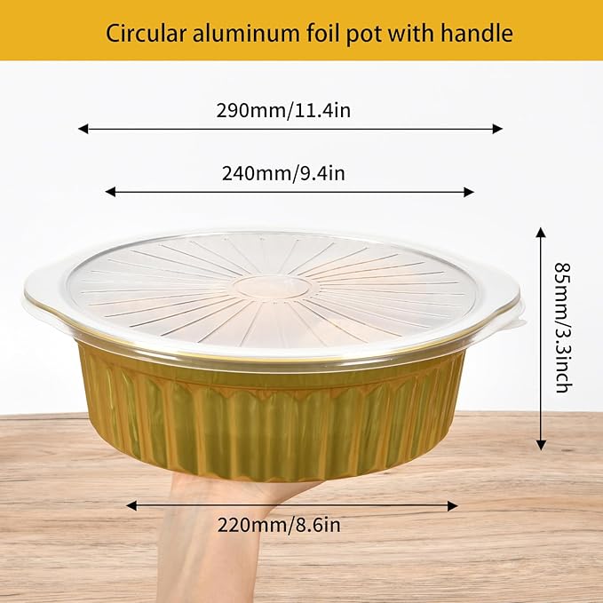 10inch Round deepening Gold Aluminum Foil Pans with Lids, Chafing Dish, Heavy Duty Disposable Hot Pot 5 Set For Microwave & Oven Safe Cooking,Baking,A takeaway Food Container