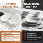Large Stone Dish Drying Mat for Kitchen Counter, 24"x16" Quick Dry Collapsible Diatomaceous Earth Dish Drying Mat, Water Absorbent Drying Mat for Dishes Bottles Cups Bathroom, White with Grooves