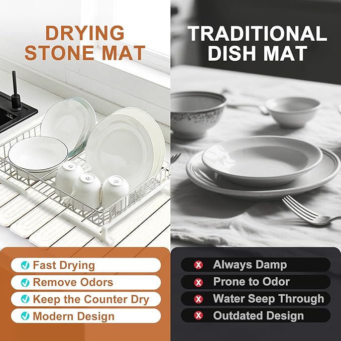 Large Stone Dish Drying Mat for Kitchen Counter, 24"x16" Quick Dry Collapsible Diatomaceous Earth Dish Drying Mat, Water Absorbent Drying Mat for Dishes Bottles Cups Bathroom, White with Grooves
