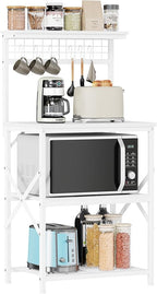 Furologee Kitchen Bakers Rack with Power Outlet, Microwave Oven Stand with Storage 4 Tiers, Coffee Bar Table with 6 S Hooks, Kitchen Storage Shelf Rack for Spices, Pots, White
