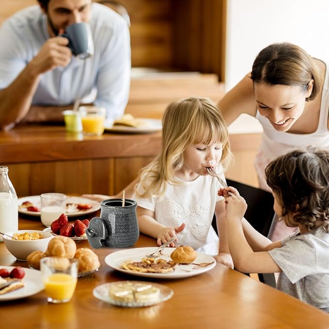 Hasense Honey Jar with Lid, 12 Ounce Ceramic Honey Pot with Wooden Dipper Stick, Grey Kitchen Container Dish for Birthday Wedding Gift, Easy to Clear