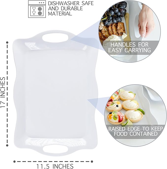 17" x 11" Melamine Large Plastic Serving Platters and Trays with Handles, Rectangular Serving Trays for Food, Dishes, Party - 3 Pcs