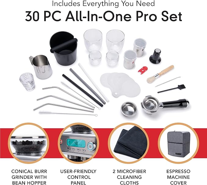 EspressoWorks Barista Pro Series Espresso Machine with Grinder, LCD Display and Steamer - Ready To Go In 60 Sec - 15-Bar Latte and Cappuccino Machine 30-Piece Bundle - Coffee Gifts (Silver)