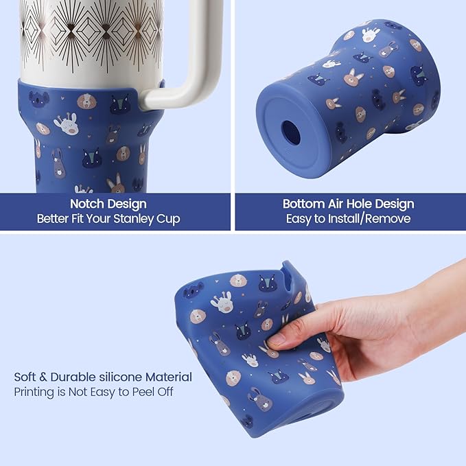 Print Boot for Stanley, Rubber Cup Bottom Protector Sleeve Accessories for Stanley Quencher H2.0 FlowState Tumbler 40oz / Adventure Quencher Tumbler 40oz (Blue)