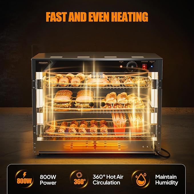 ROVSUN Food Warmer Pizza Warmer Countertop, 3-Tier Commerical Food Warmer Display with LED Lighting Removable Shelves Glass Door, Pretzel Warmer for Buffet Restaurant Cafe, 110V 800W