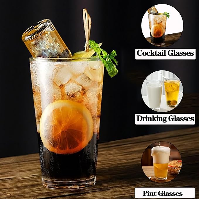 16.3 oz Drinking Glasses Set of 4, Glass Cups Set,Pint Glasses, Iced Coffee Cups,Highball Drinkware Glassware, Water Glasses for Cocktails,Beer,Wine,Juice