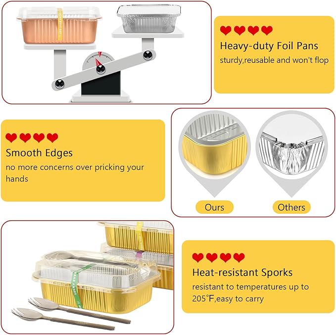 LNYZQUS 7” x 5” Small Aluminum Pans with Lids 25 Pack, 30oz Heavy Duty Foil Baking Tins Large To Go Containers,Individual Leftover Containers Baked Food Holders Boxes for Oven Grill-Champagne