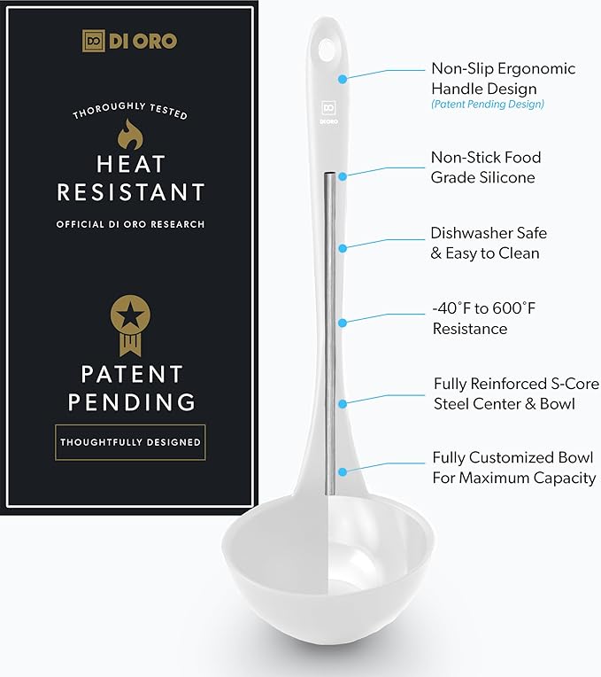 DI ORO Silicone Ladle – Soup Ladle for Cooking & Serving Heat-Resistant - Large Kitchen Soup Ladle Nonstick Cookware Safe - Soup Serving Spoon with Wide Bowl - Silicone Utensil Dishwasher Safe (Stone)