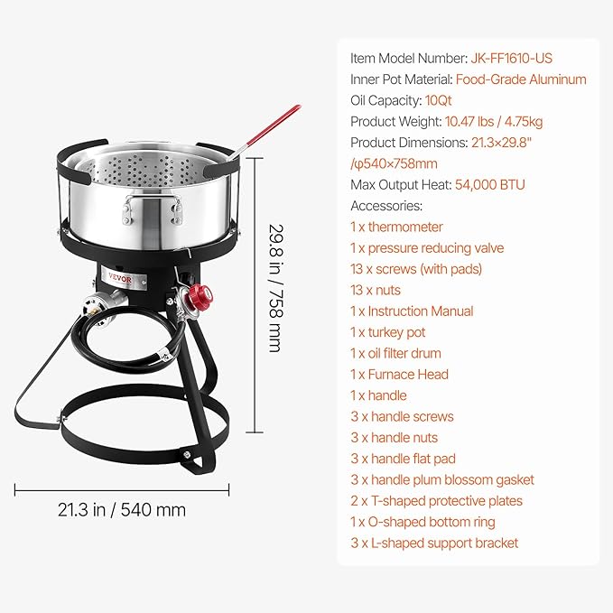 VEVOR 10 Qt Fish and Wing Fryer, Aluminum Propane Fish Fryer Kit, Outdoor Deep Fryer Seafood Pot with Thermometer, Strainer Basket, and 54,000 BTUs Propane Burners, for Outdoor and Backyard Cooking