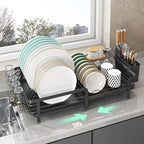 Large Dish Drying Rack with Drainboard,Expandable Dish Rack for Kitchen Counter, Utensil Holder & Cup Hooks,Rustproof Stainless Steel Drying Dish Rack 23.6’’L x 12.6’’W,Black
