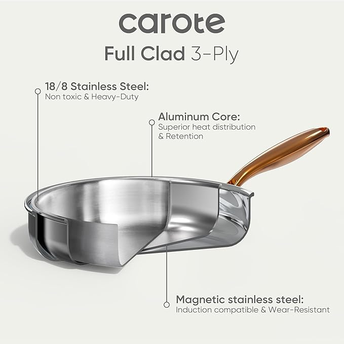 CAROTE 10" Tri-Ply Stainless Steel Deep Frying Pan with Lid, Non-Toxic Saute Pan, Oven Safe, Induction, Ceramic and Gas Cooktops Compatible, Silver
