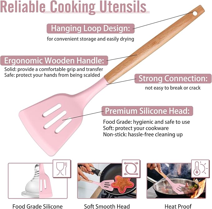 P&P CHEF Cooking Utensils Set, 6 PCS Kitchen Utensils with Wooden Handle, Silicone Spatula for Nonstick Cookware, Easy Clean & Non-toxic, Pink