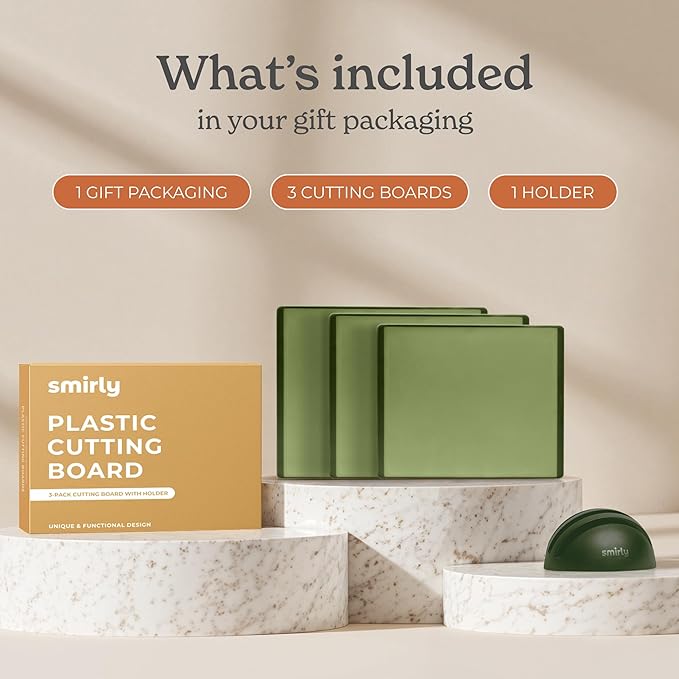 SMIRLY Plastic Cutting Board Set with Holder 3 Pieces, Non-Slip Dishwasher Safe Chopping Boards for Kitchen, Green