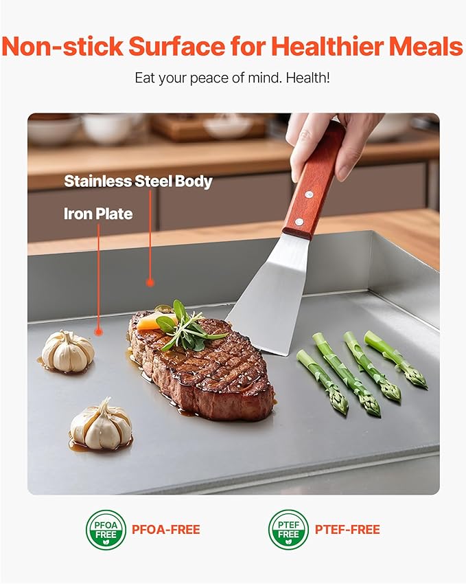 VEVOR Commercial Electric Griddle, 21 x 11.8 inch, 1750W, 122-570°F Adjustable Temp Control, Stainless Steel Countertop Flat Top Grill with 2 Spatulas, 2 Brushes and 4 Foot Pads, for Steak, Pancake