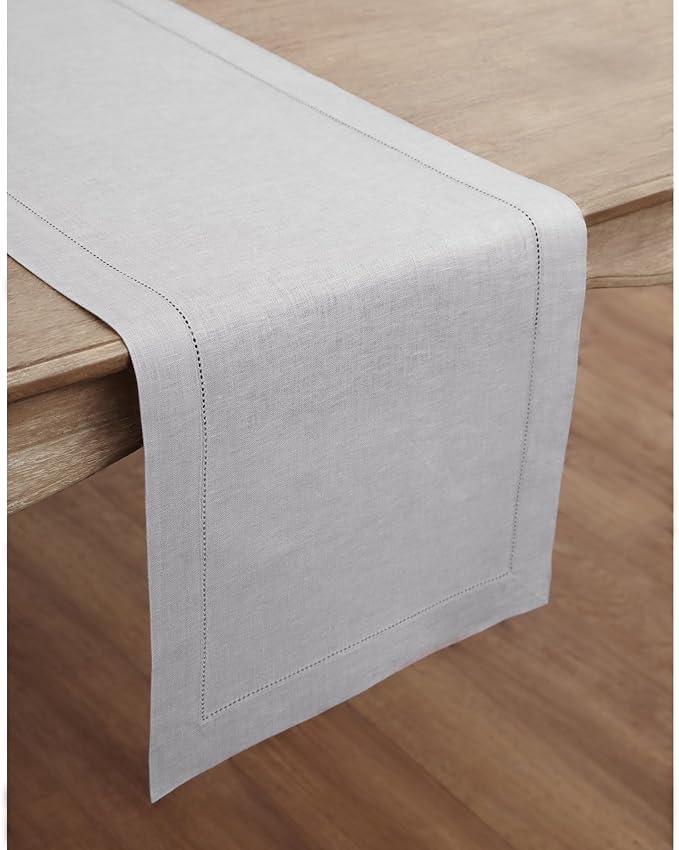 Solino Home Linen Soft Grey Table Runner 36 Inches - Classic Hemstitch, 100% Pure Linen Coffee Table Runner 14 x 36 Inch Ideal for Dresser Tables - Summer, Fall, Autumn, Halloween