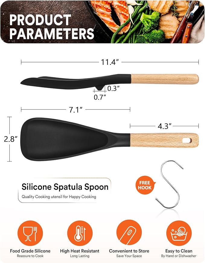 Cooking Spoon for Nonstick Cookwares, Great for Cooking and Serving Sturdy BPA-Free Matte Silicone, Wood Handle Spoon for Mixing, Scoop, and Scrape (Black)