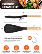 Cooking Spoon for Nonstick Cookwares, Great for Cooking and Serving Sturdy BPA-Free Matte Silicone, Wood Handle Spoon for Mixing, Scoop, and Scrape (Black)