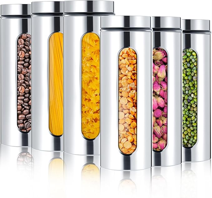 6 Pack Kitchen Canisters Set Airtight Coffee Sugar Tea Candy Storage Jars with Window Glass Stainless Steel Containers with Lids for Flour Cookies Spices Grains Kitchen Decorations (60 oz)