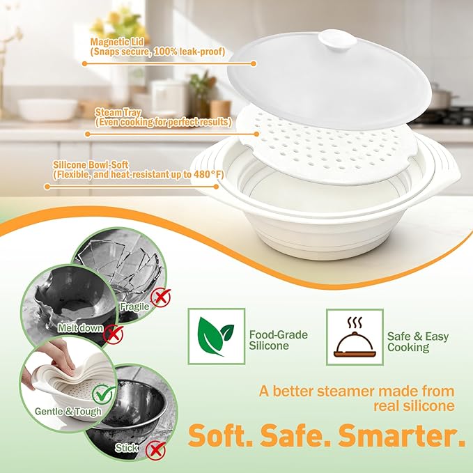 2 Pack White and Gray Silicone Steamer Microwave, 44oz Collapsible Vegetable Steamer Microwave with Magnetic Lid, Space-Saving Design, Dishwasher Safe Silicone Bowl for Cooking Veggies, Dumplings