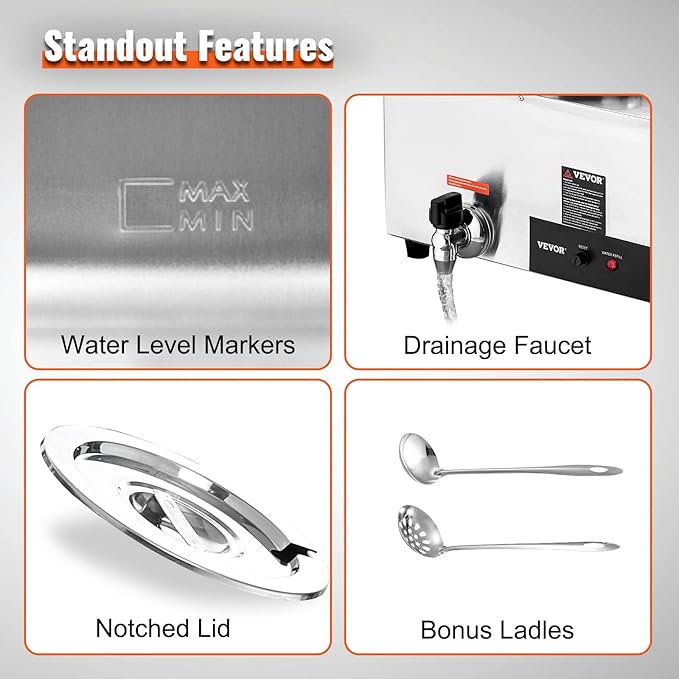 VEVOR Electric Soup Warmer, Four 7.4QT Stainless Steel Round Pot 86~185°F Adjustable Temp, 1500W Commercial Bain Marie with Anti-Dry Burn and Reset Button, Soup Station for Restaurant, Buffet, Silver