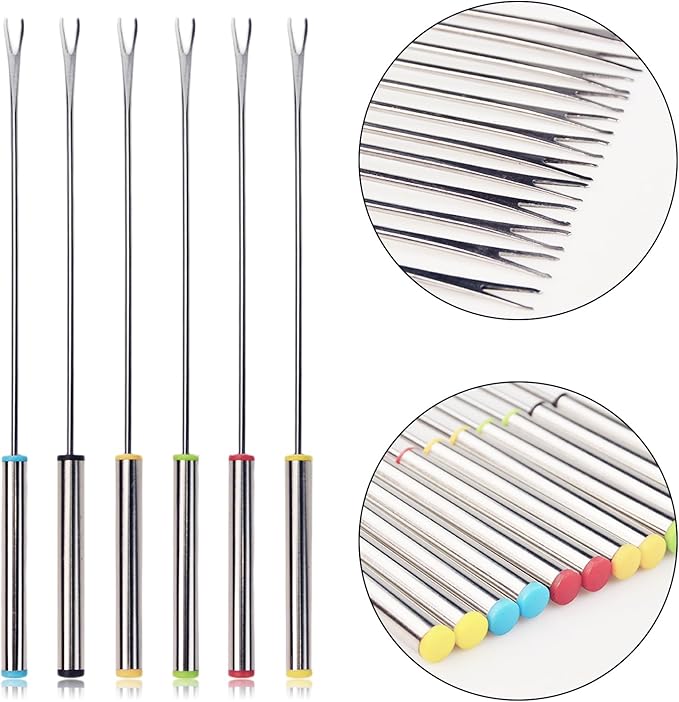 12Pcs Stainless Steel Fondue Forks, 6 Color Cheese Fondue Forks with Heat Resistant Handle, Smores Sticks for Chocolate Fountain Roast Marshmallows Dessert Fruits(9.5 Inch)