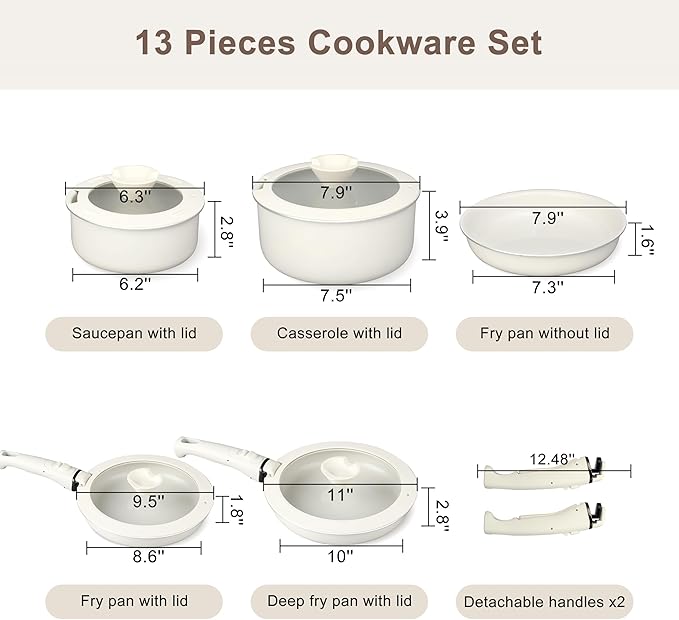 13Pcs Nonstick Cookware Set, Aluminum Nonstick Pots and Pans with Lids & Detachable Handle, Non-toxic Healthy Kitchen Cooking Sets, PFAS and PFOA Free