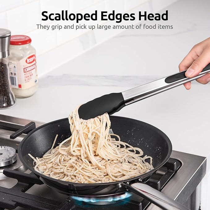 600ºF Heat Resistant Kitchen Tongs: U-Taste 9+12 inch Silicone Cooking Tong Set with Firm Sealed Non Stick Rubber Tips and Silicon Coated 18/8 Stainless Steel Handle for Serving Grilling Salad (Black)