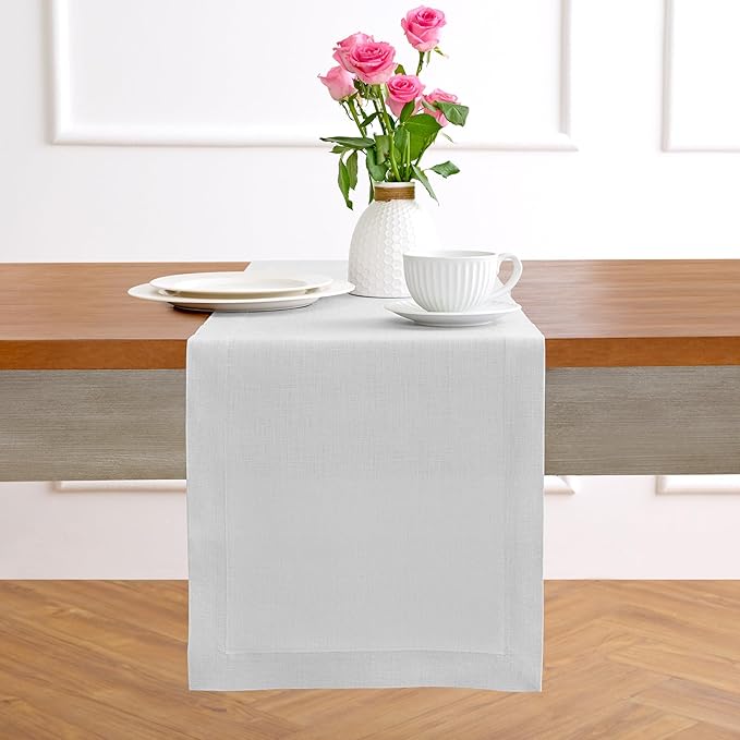Solino Home Linen Table Runner 48 Inches - 100% Pure Linen Silver Cloud Table Runner 14 x 48 Inch Ideal for Dresser and Coffee Tables - Summer, Fall, Autumn - Fete