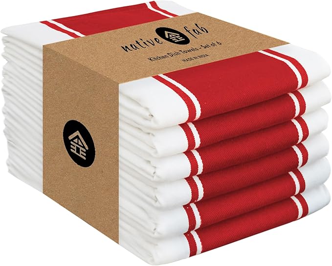 Native Fab Red Striped Dish Towels 18"x28", 6 Pack, Wide Stripe, Highly Absorbent, Fast Dry, 100% Cotton Hand Towels for Drying Dishes, Glassware, Dishcloth Set, Kitchen Cleaning Towel - Red