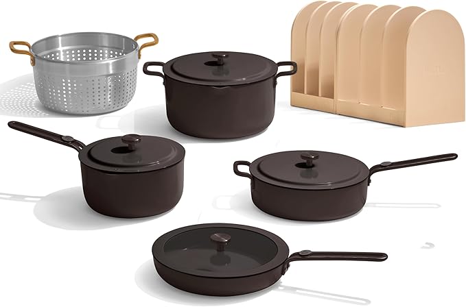 Our Place 11-Piece Essentials Complete Cookware Set - Ceramic Fry Pan, Saucepan, Sauté Pan, Stock Pot, Strainer Basket & Rack Storage | Thermakind™ Nonstick, Oven Safe up to 450°F | Char