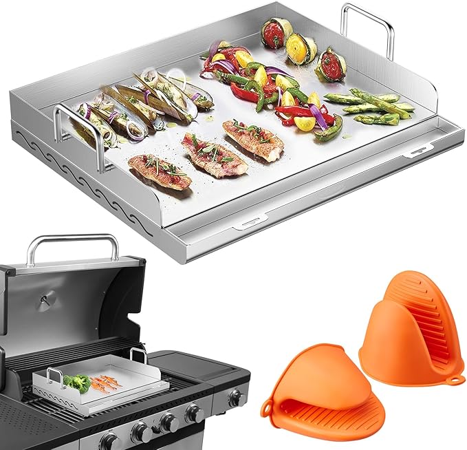 Griddle for Gas Grill- Stainless Steel Griddle, Flat Top Grill with Removable Grease Tray, Stove Top Griddle Pan for Charcoal Grill, Griddle Cooking Plate for Outdoor Grilling (17" x 13" x 2.2")