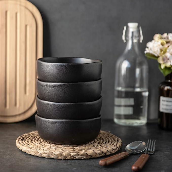 AmorArc Stoneware Cereal Bowls for Kitchen, 28oz Large Ceramic Soup Bowls Set of 4 for Meal, Oven, Microwave&Dishwasher safe Kitchen Bowls with Wavy Rim, Matte Black