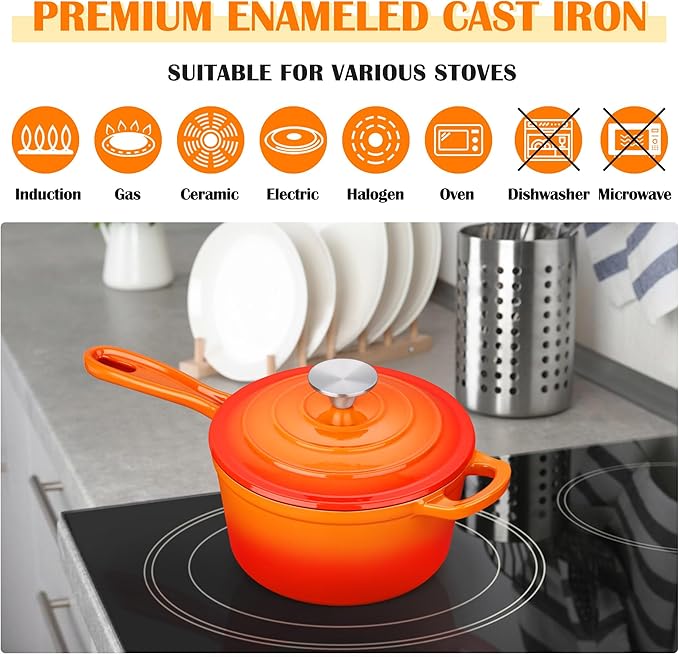 E-far Enameled Cast Iron Sauce Pan with Lid, 1 Quart Dutch Oven Saucepan, Mini Sauce Pot for Cooking, Boiling, Healthy & Non Toxic, Induction & Oven Safe, Orange
