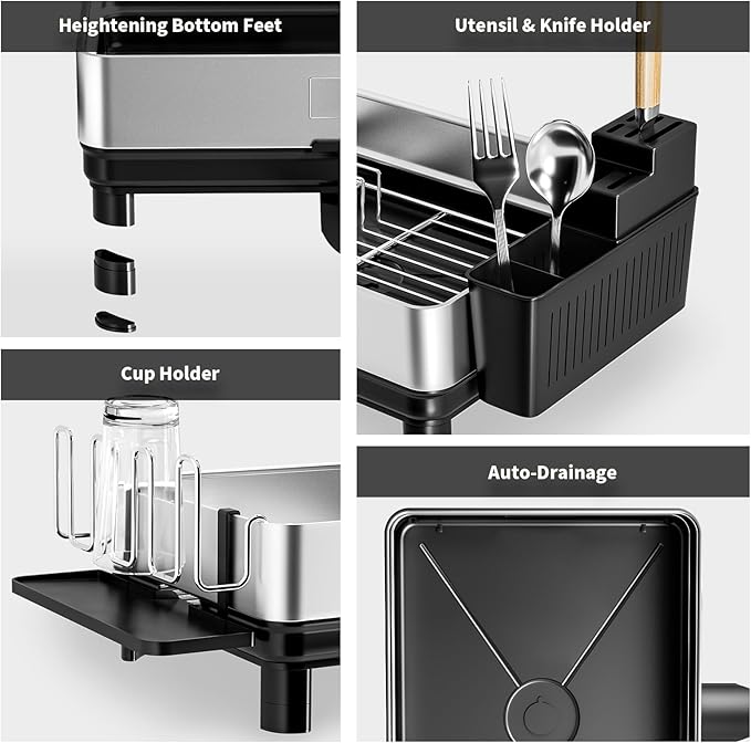 Dish Drying Rack, 304 Stainless Steel Dish Racks for Kitchen Counter, Dish Drainers with Automatic Drainage, Utensil Holder & Cups Holder, Space Saving Kitchen Organizer, Black