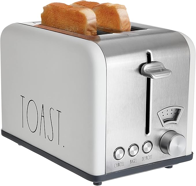 Rae Dunn Toaster, Stainless Steel 2 Slice Square Toaster, Wide Slot with 5 Browning Levels, with Bagel, Defrost and Cancel Options (Cream)